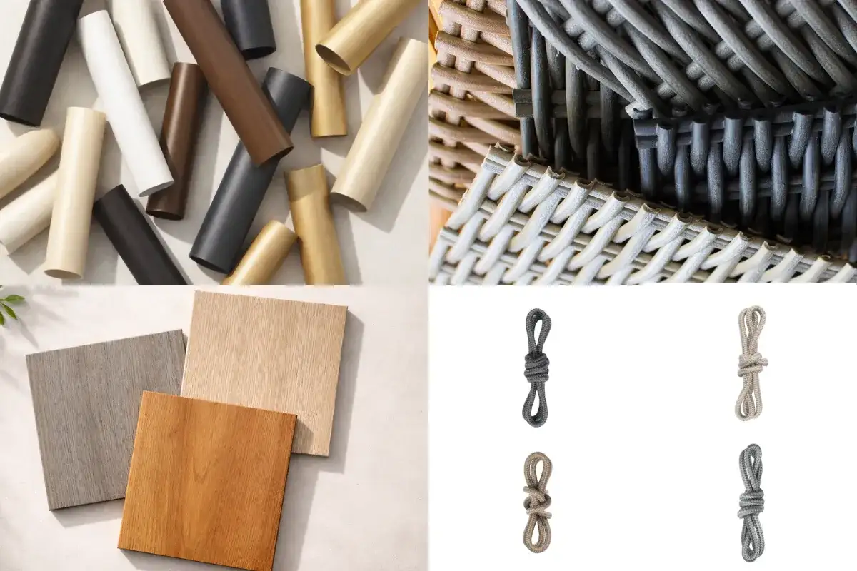 Material samples for resort patio furniture including aluminum, HDPE wicker, wood and outdoor rope