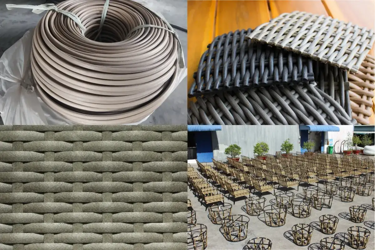 Synthetic wicker materials and weaving patterns for resort patio products