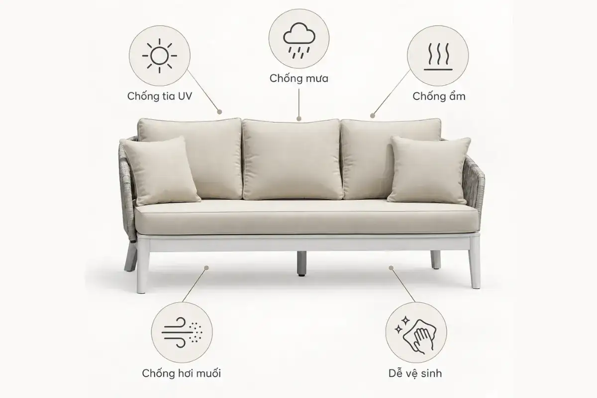 Commercial outdoor sofa designed for UV, rain, humidity, salt air and easy cleaning
