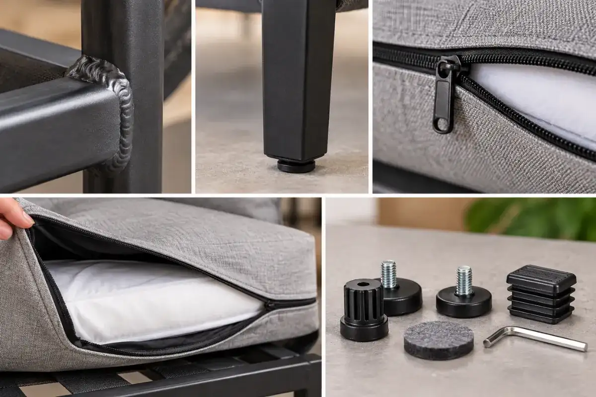 Structural and maintenance details of commercial outdoor products, including welds, feet, zippers and replaceable parts
