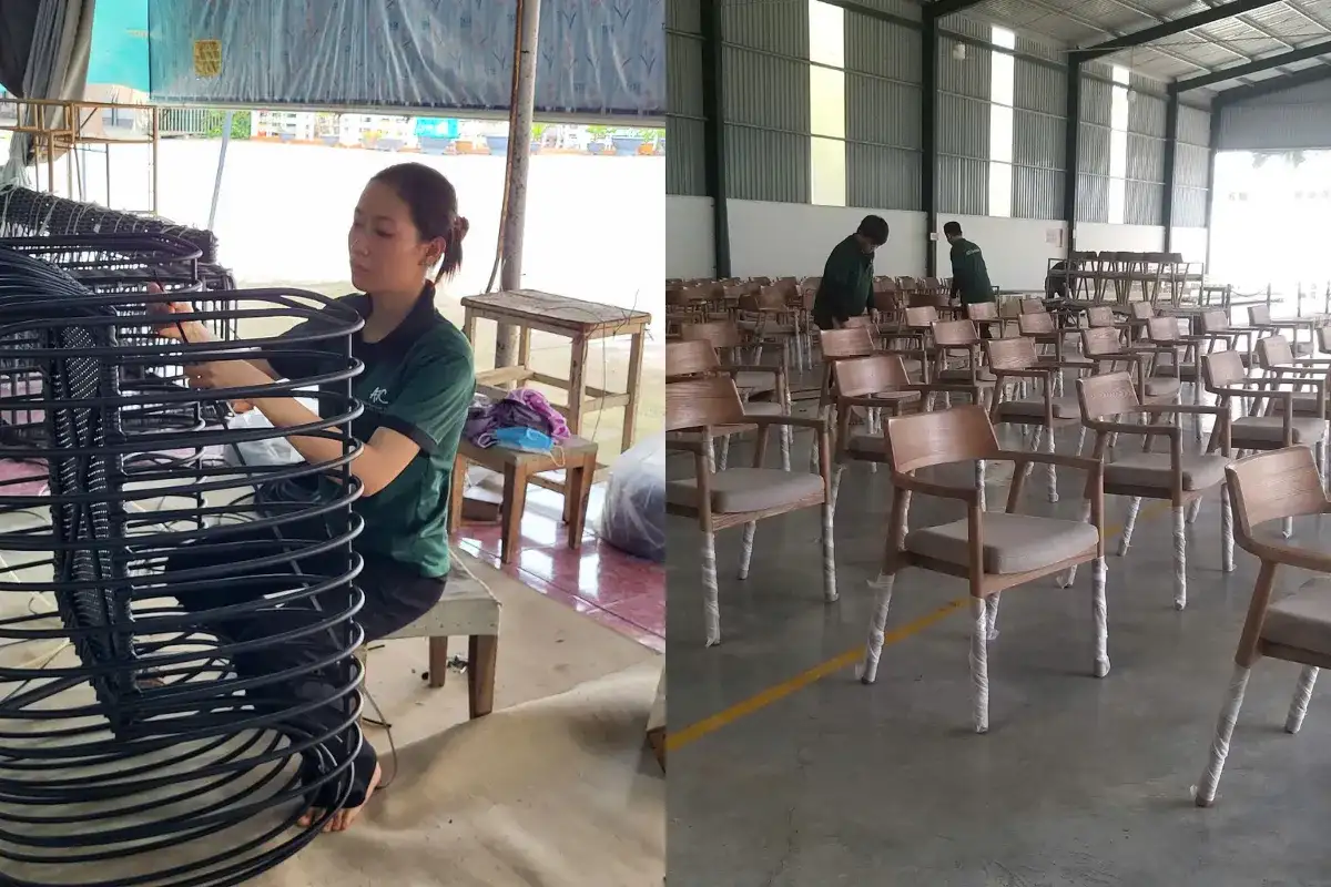 Outdoor product production and inspection at a resort furniture factory