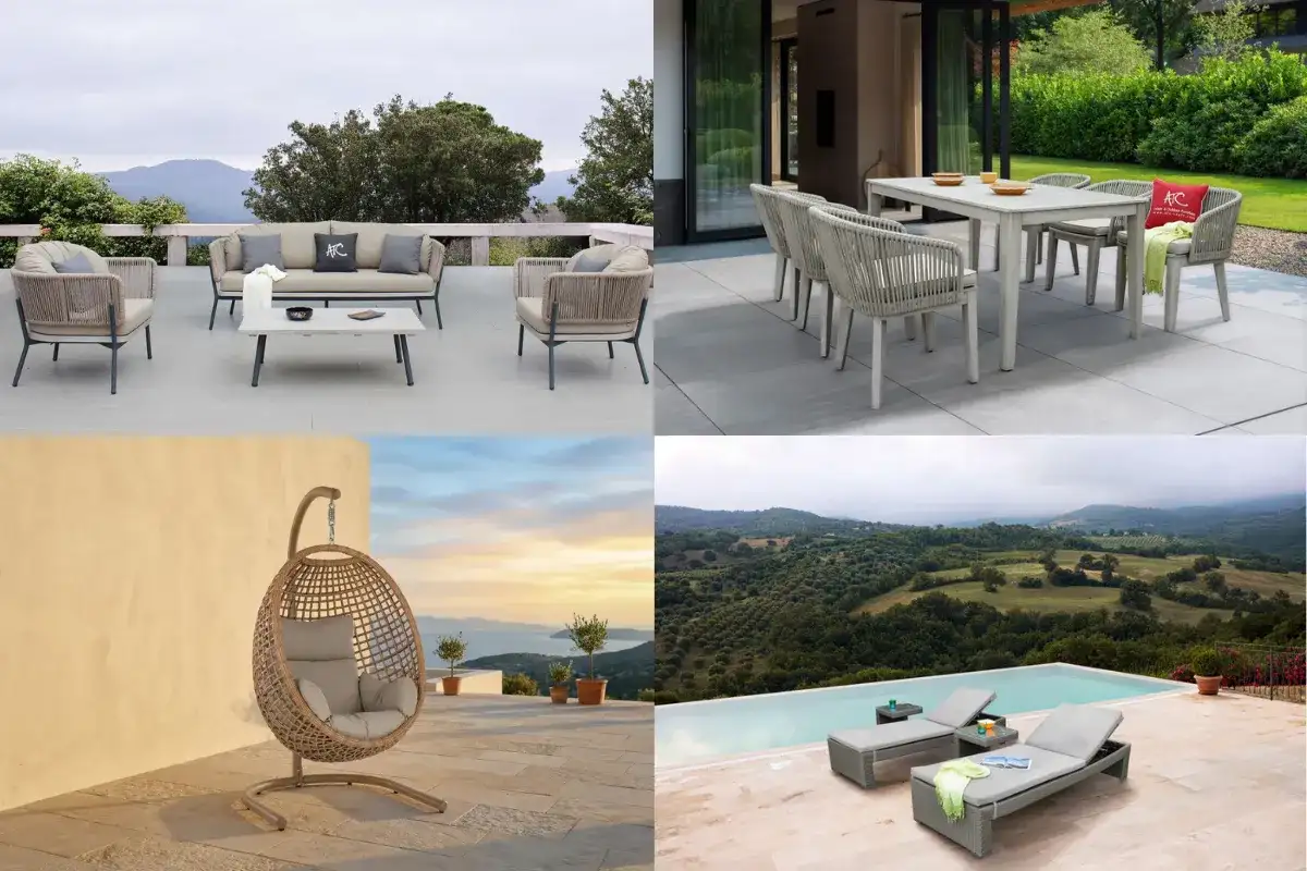 Resort patio seating, dining sets, swing chairs and pool loungers