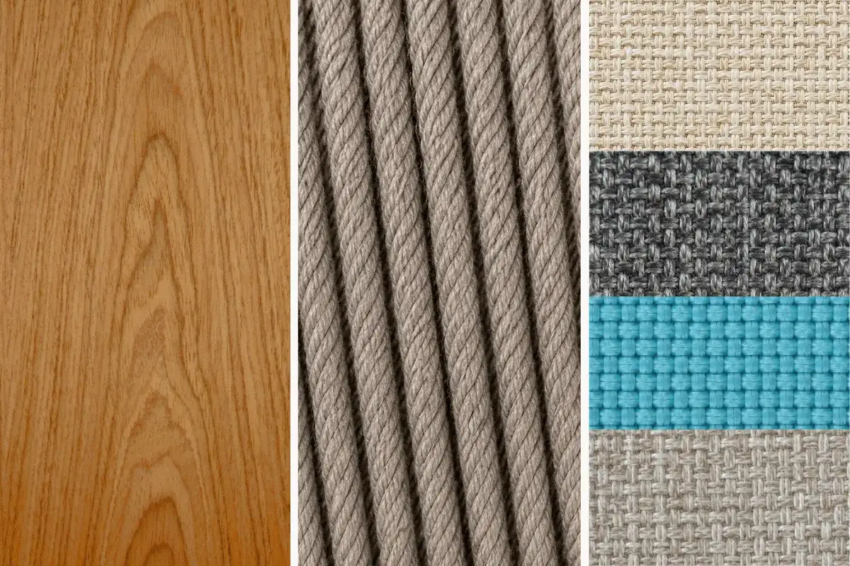 Teak wood, outdoor rope and performance fabric materials for resort products