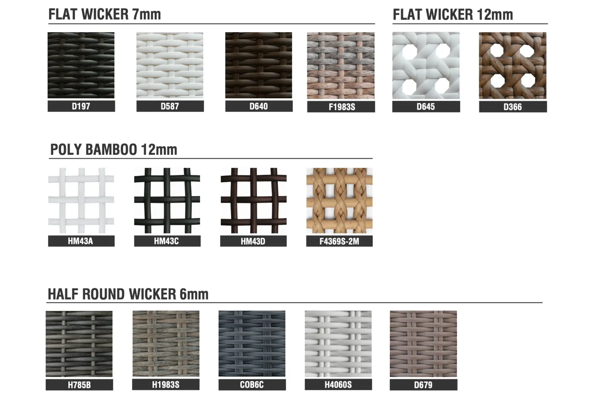 Các mẫu mây nhựa HDPE với nhiều màu sắc và kiểu đan như đan phẳng, giả tre (poly bamboo) và đan bán nguyệt.