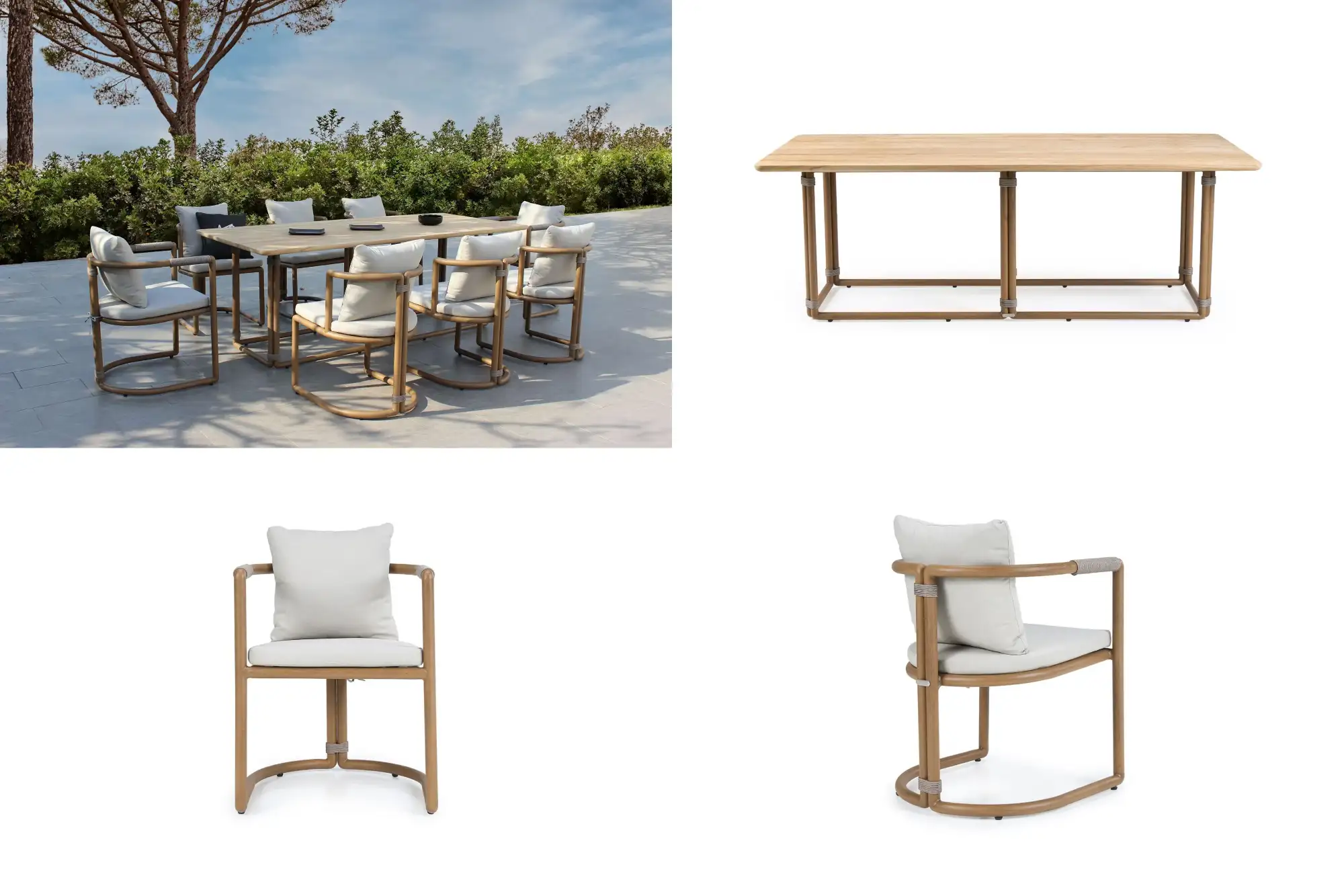 Bộ bàn ăn nhôm ELISE được trưng bày trong bối cảnh ngoài trời và hình ảnh sản phẩm riêng.