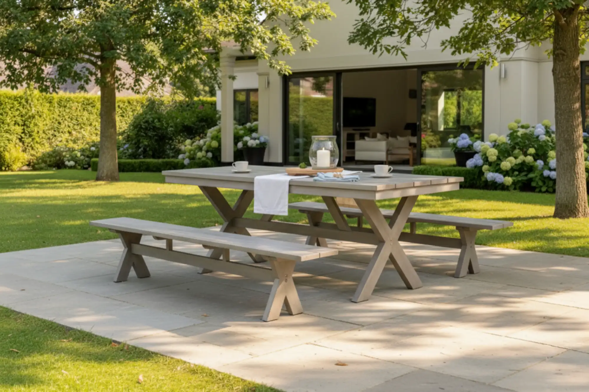 Bàn ăn JEJU với chân bàn chữ X và ghế băng dài trong bối cảnh sân vườn xanh mát.