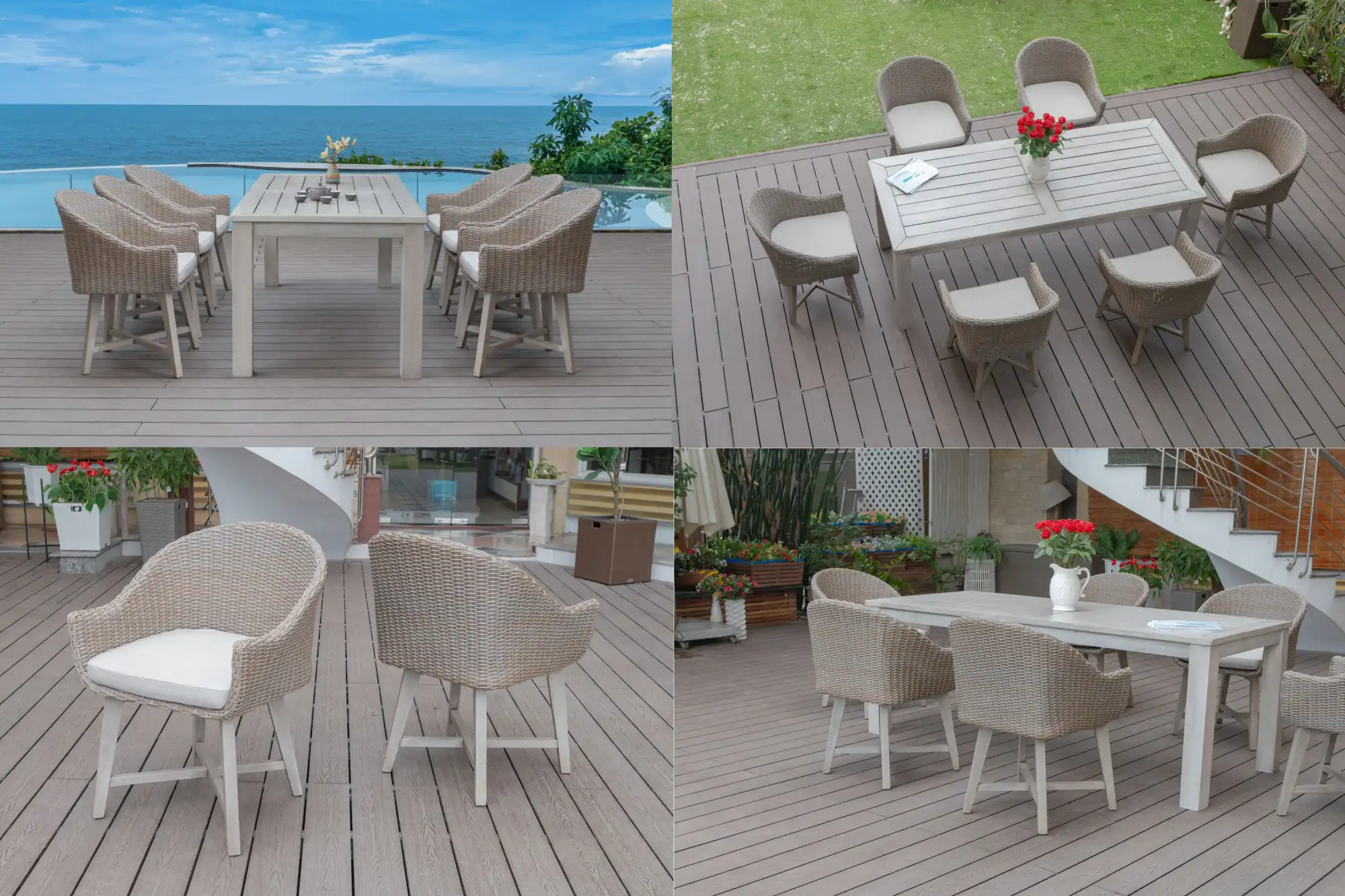 Bộ bàn ăn KIA gồm ghế mây có tay và bàn gỗ được trình bày ở nhiều góc độ khác nhau.