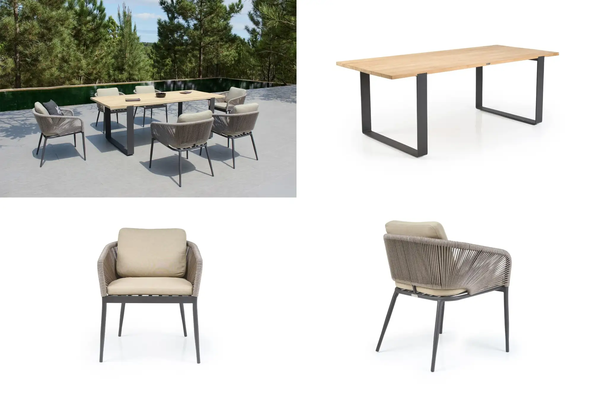 Bộ bàn ăn gỗ tếch và dây thừng LUVA RADS-264 gồm bàn và ghế trong sân vườn và hình ảnh sản phẩm.