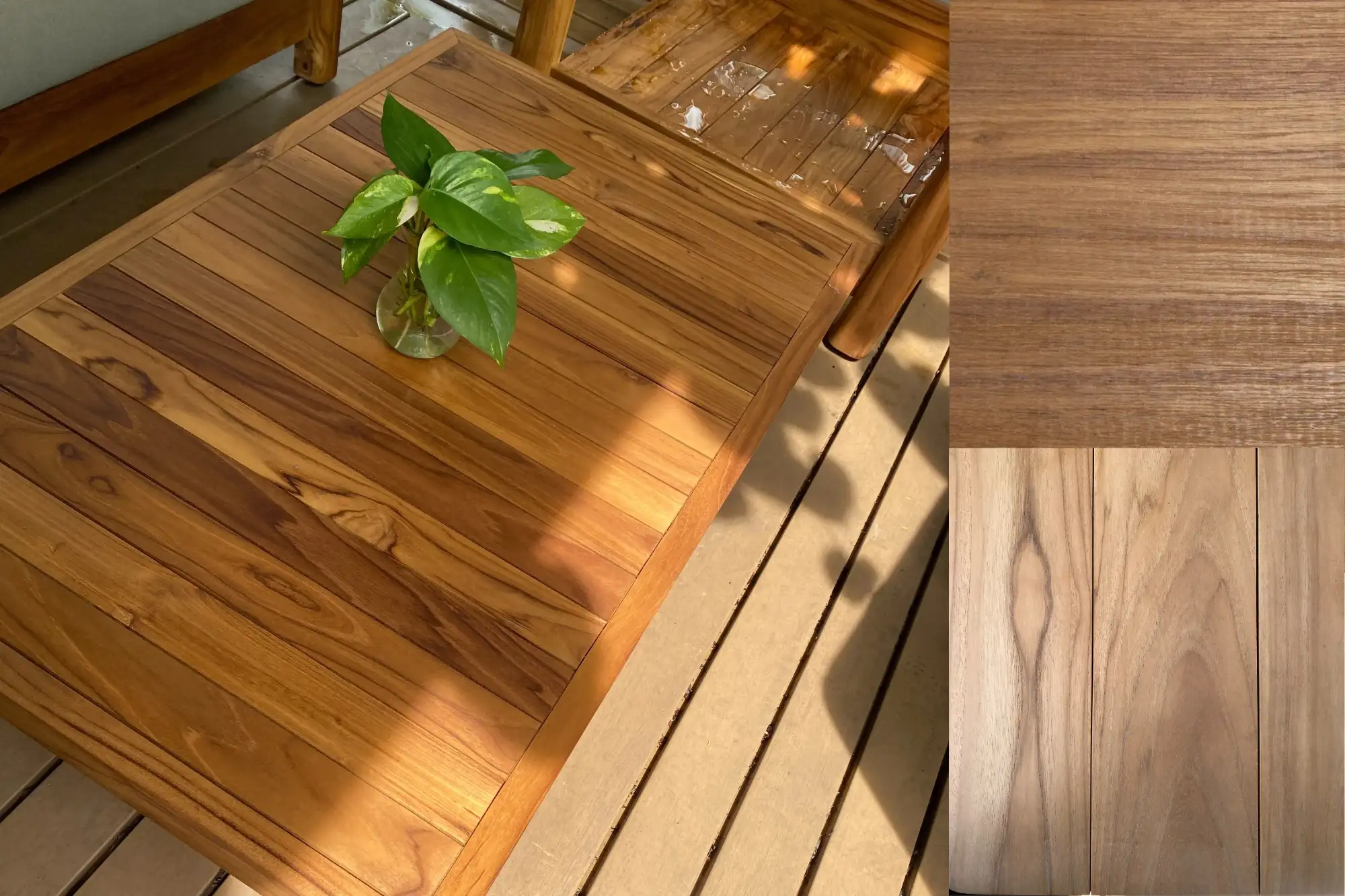 Bề mặt bàn gỗ tếch ngoài trời với đường vân tự nhiên và kết cấu mộc mạc dưới ánh nắng.