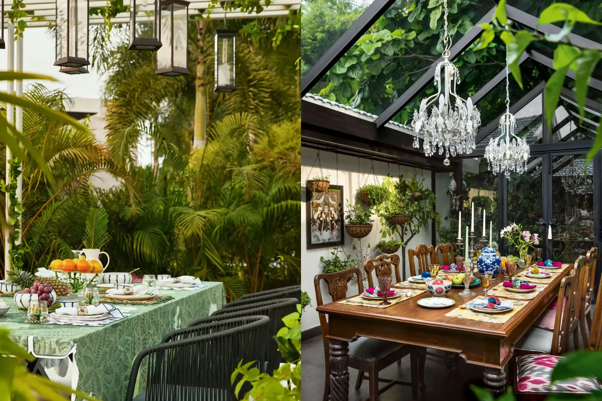 Bộ bàn ăn ngoài trời được bao quanh bởi cây xanh và thảm thực vật, tạo cảm giác như một góc vườn thư giãn.