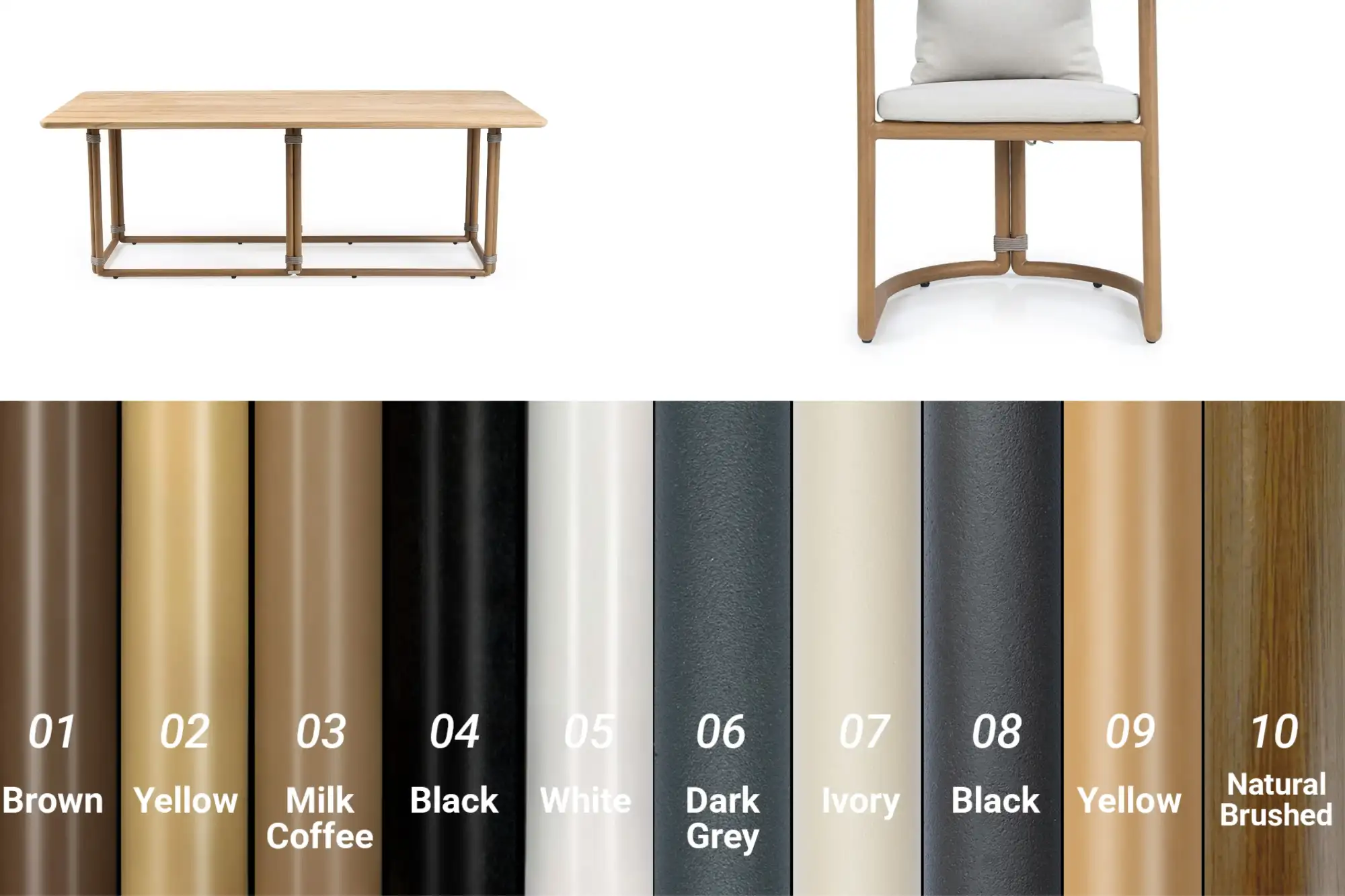 Mẫu màu nhôm sơn tĩnh điện với nhiều lớp hoàn thiện khác nhau, từ nâu trầm đến xước tự nhiên.