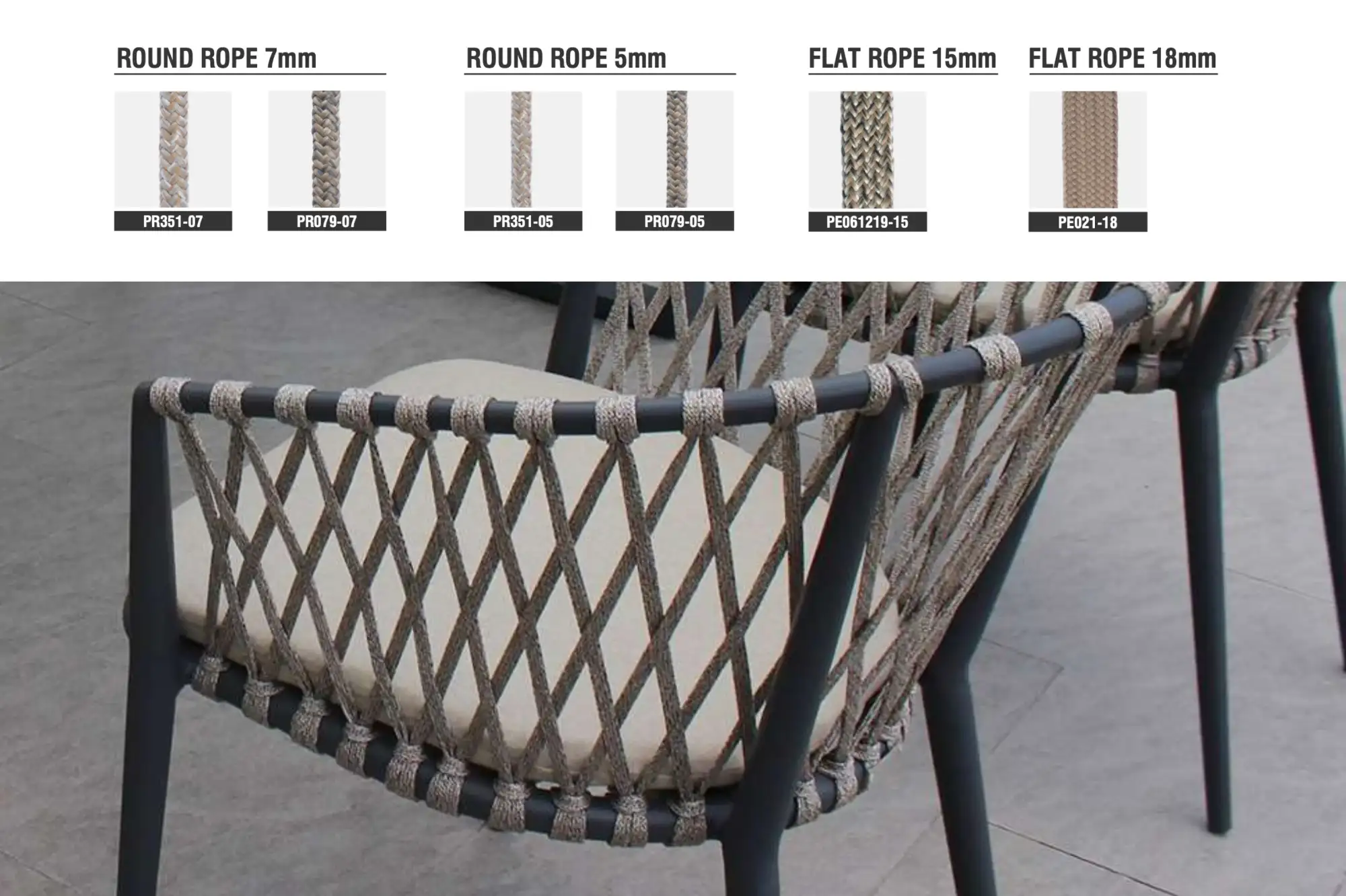 Ghế ngoài trời với chi tiết đan dây thừng, cùng các mẫu dây có độ dày và màu sắc khác nhau.
