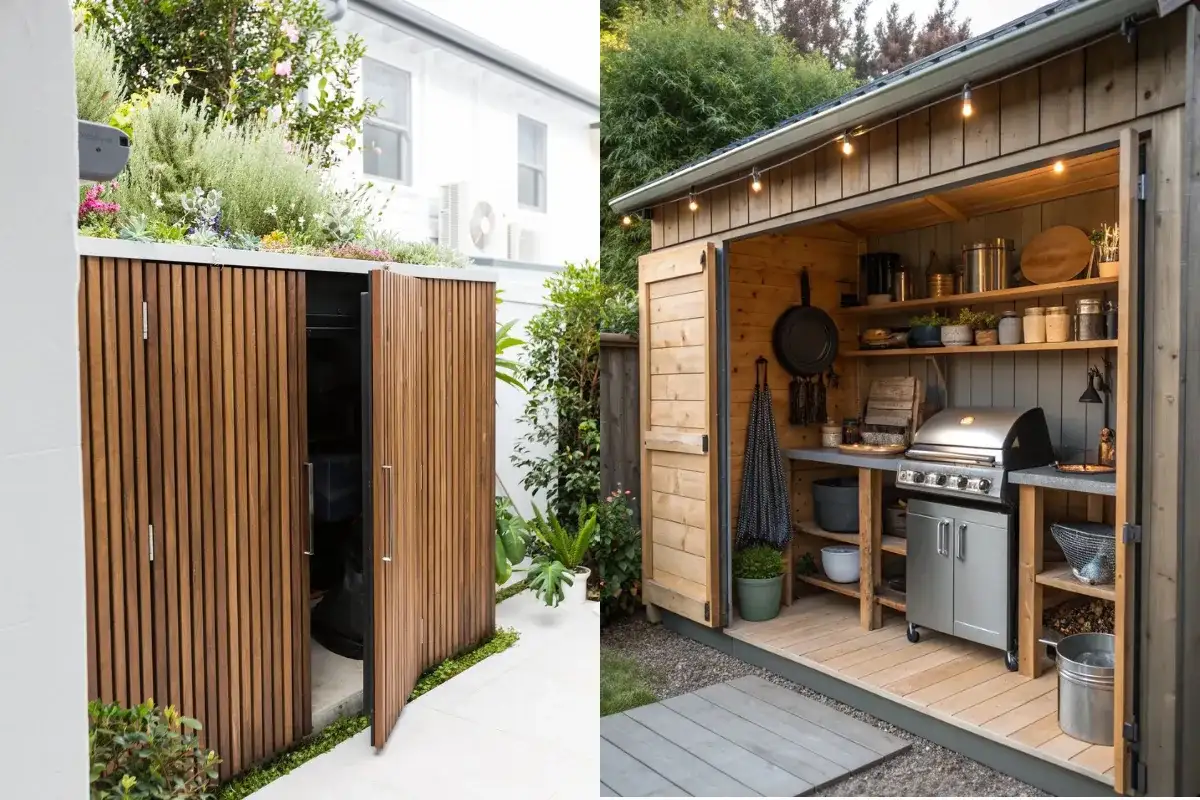 Tủ đựng ngoài trời bằng nhựa composite, sợi mây nhựa và kim loại chống gỉ, giúp bảo quản vật dụng cá nhân, lưu trữ đồ trang trí theo mùa và duy trì khu vườn gọn gàng, ngăn nắp