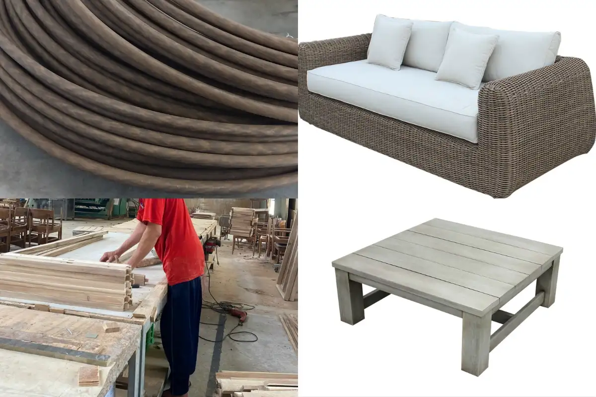  Bảng tổng hợp bao gồm nguyên liệu thô, quy trình gia công gỗ và các sản phẩm ngoại thất hoàn thiện