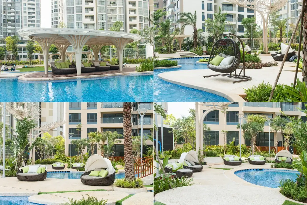 Bộ ghế ngồi ngoài trời và ghế xích đu tinh tế của ATC Furniture bên hồ bơi, góp phần nâng cao vẻ đẹp cho phong cảnh hiện đại