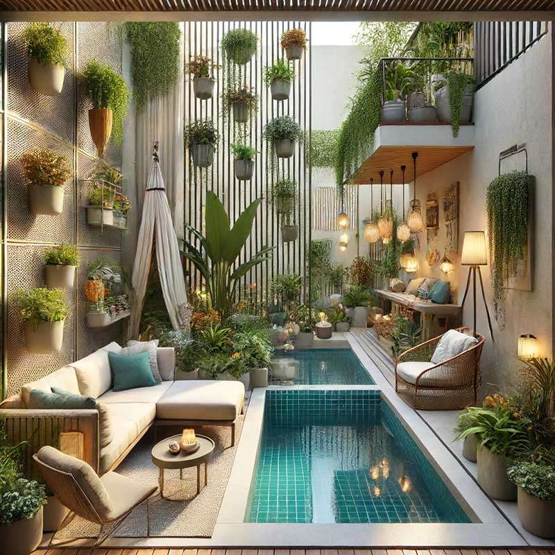 Compact garden pool with unique design and surrounding greenery.