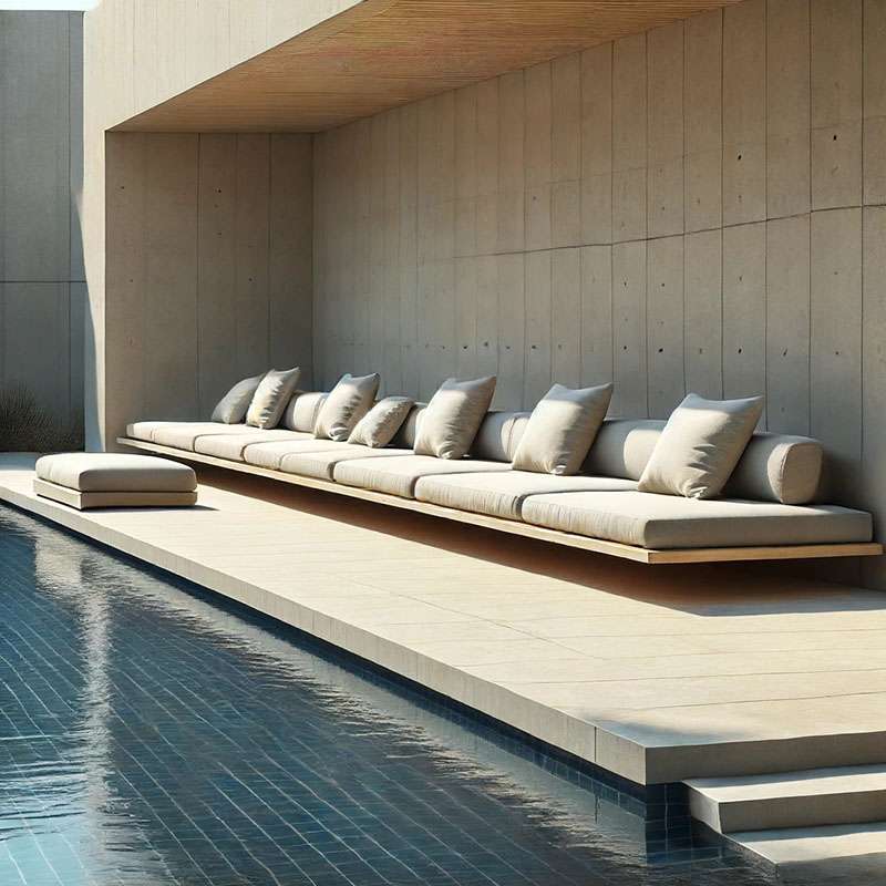 Outdoor pool area with luxurious and harmonious garden furniture.