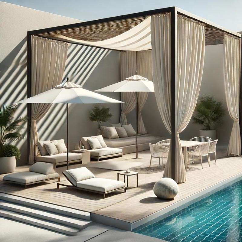 Poolside area with fabric curtain shade and relaxing loungers.