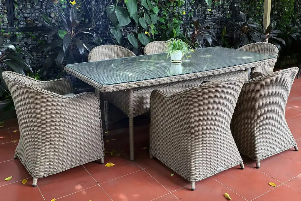 Outdoor furniture made in Quy Nhon, a focal point in a heritage-inspired space.