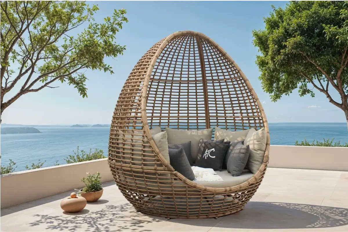 Giường tắm nắng mây nhựa ngoài trời với bàn trà nhỏ đặt trên sàn gỗ cạnh hồ bơi vô cực, hướng ra biển xanh và núi non thoáng đãng.  