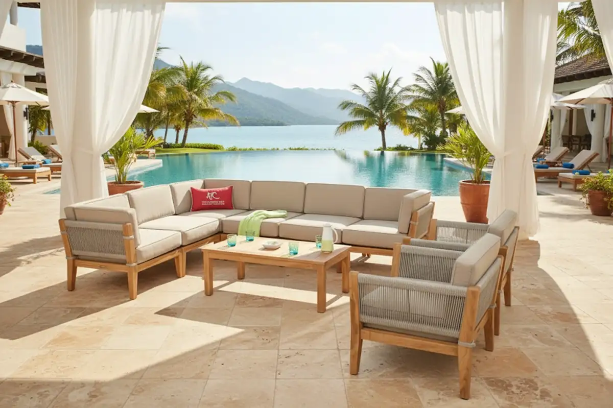 Bộ sofa gỗ teak ngoài trời đặt cạnh hồ bơi vô cực, phối hợp đệm trung tính và rèm trắng, tạo không gian nghỉ dưỡng sang trọng hướng ra biển.  