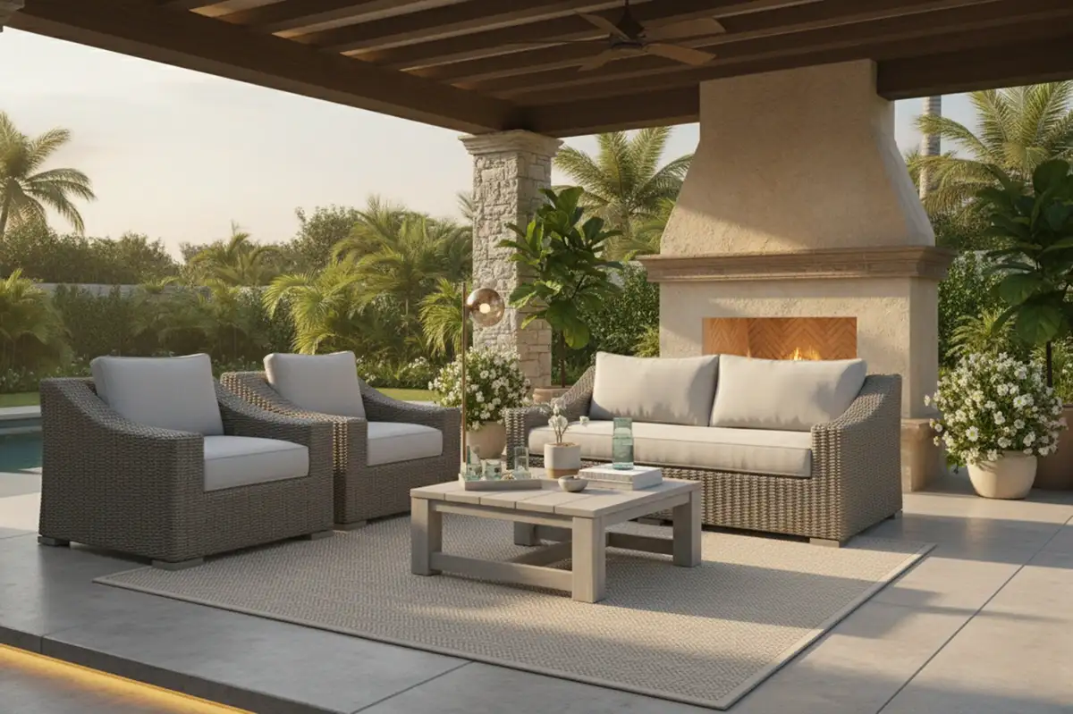 Không gian sân vườn sang trọng với bộ sofa mây nhựa và bàn trà đặt dưới mái hiên, kết hợp lò sưởi ngoài trời tạo điểm nhấn ấm cúng.  