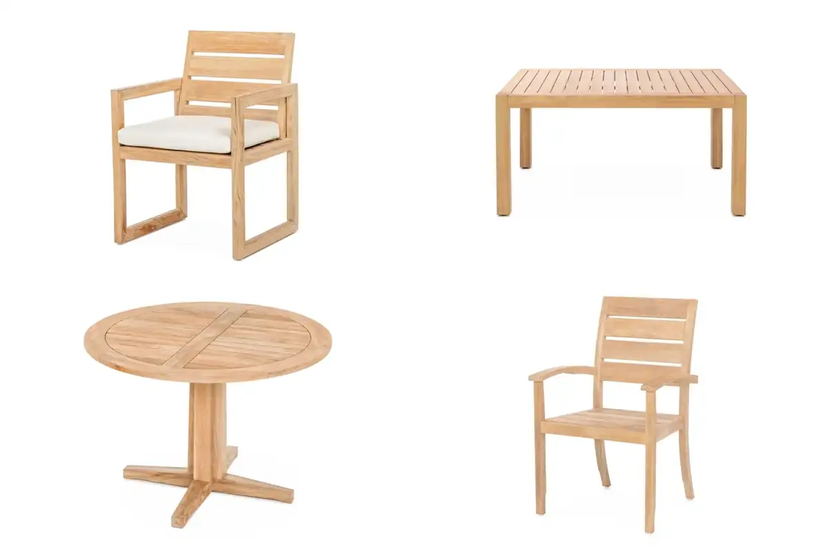 Bộ bàn ghế gỗ teak ngoài trời gồm bàn tròn, bàn chữ nhật và ghế tựa, thiết kế tối giản nhưng bền chắc, phù hợp cho không gian sân vườn và resort.  