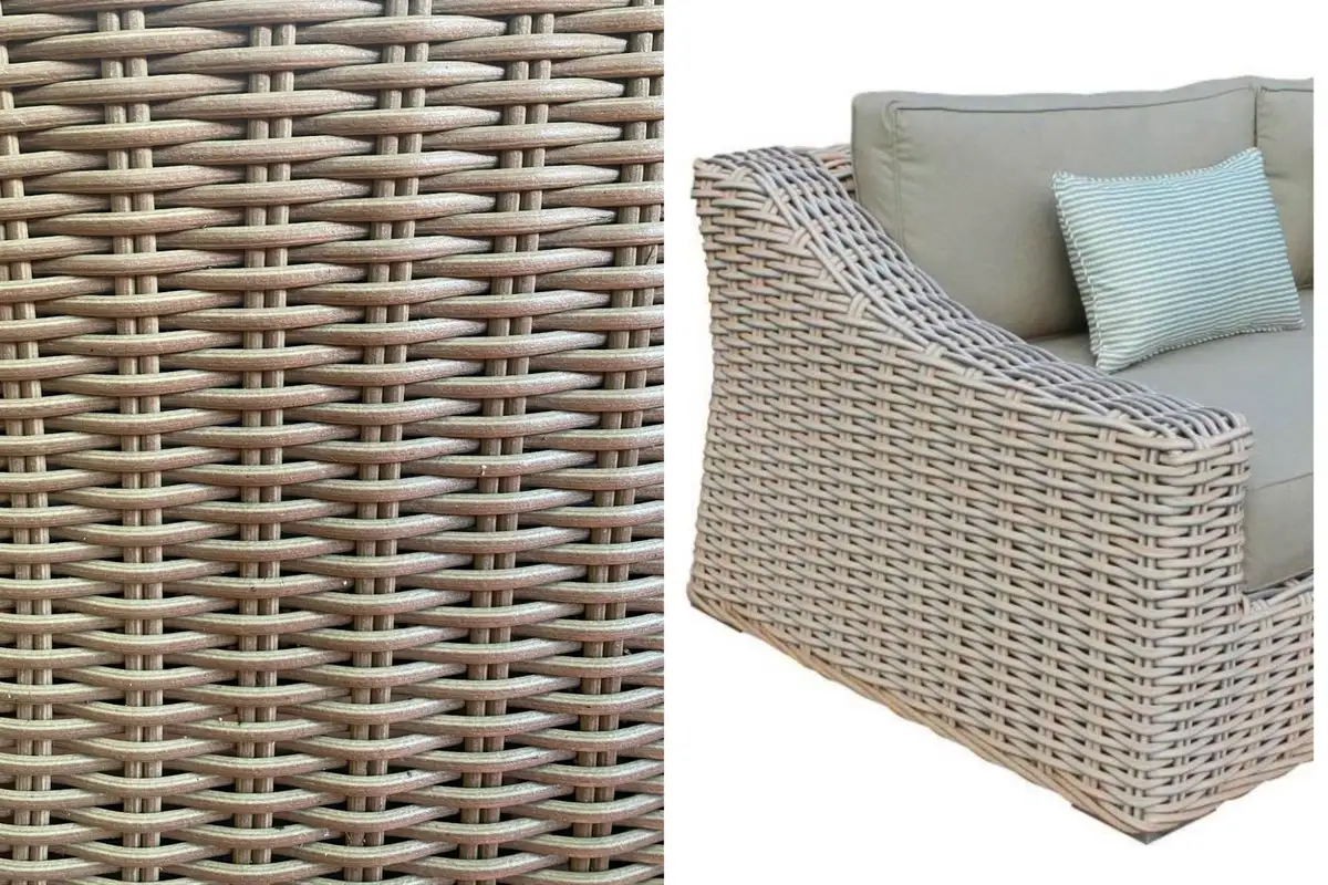 Chi tiết ghế mây nhựa ngoài trời cao cấp với sợi nhựa HDPE đan thủ công, khung chắc chắn và đệm vải chống tia UV, chống ẩm mốc.  