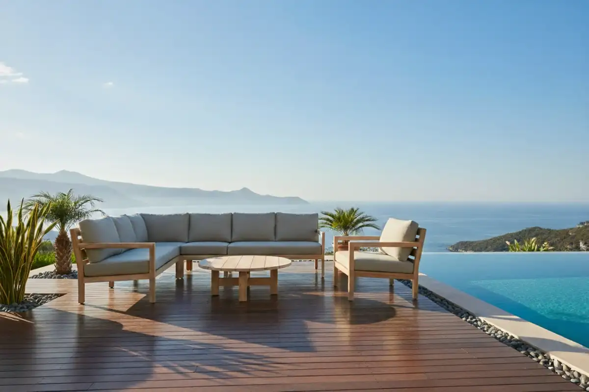 Bộ sofa gỗ ngoài trời với bàn trà nhỏ đặt trên sàn gỗ cạnh hồ bơi vô cực, hướng ra biển xanh và núi non thoáng đãng.  