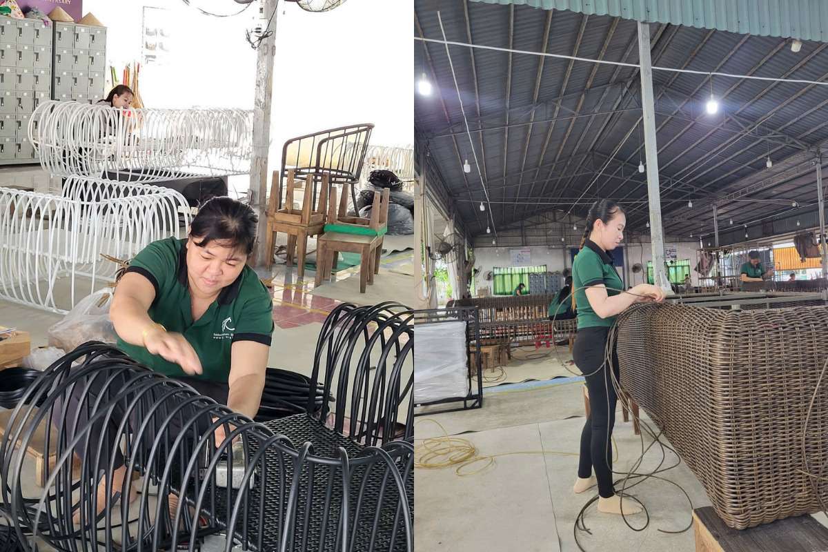 ATC craftsmen carefully inspecting and finishing rattan sofa frames in the factory, checking joints, welds, and edges for smooth, high-quality craftsmanship.
