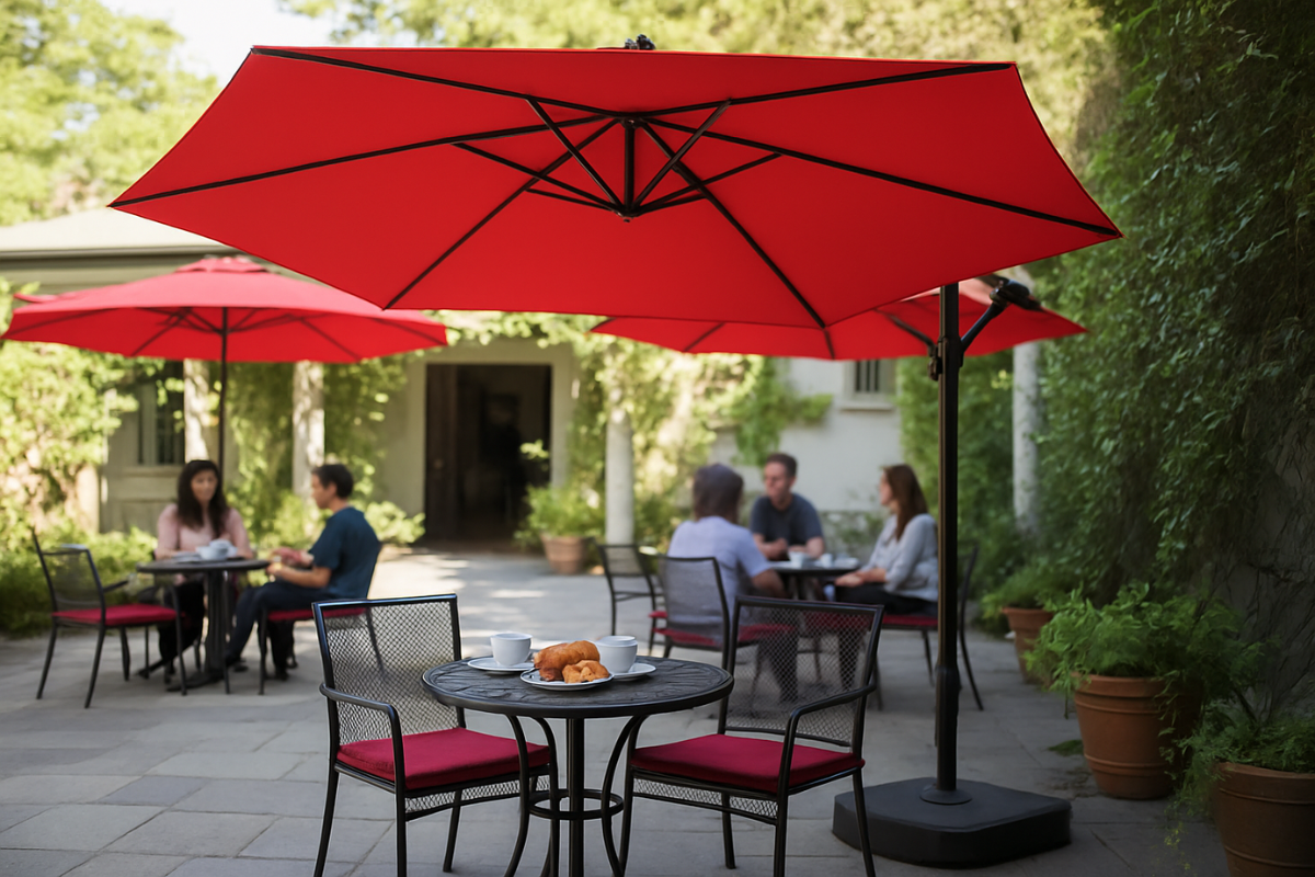 Dù màu đỏ che ngoài trời biểu tượng của kiến trúc hiện đại ngày nay