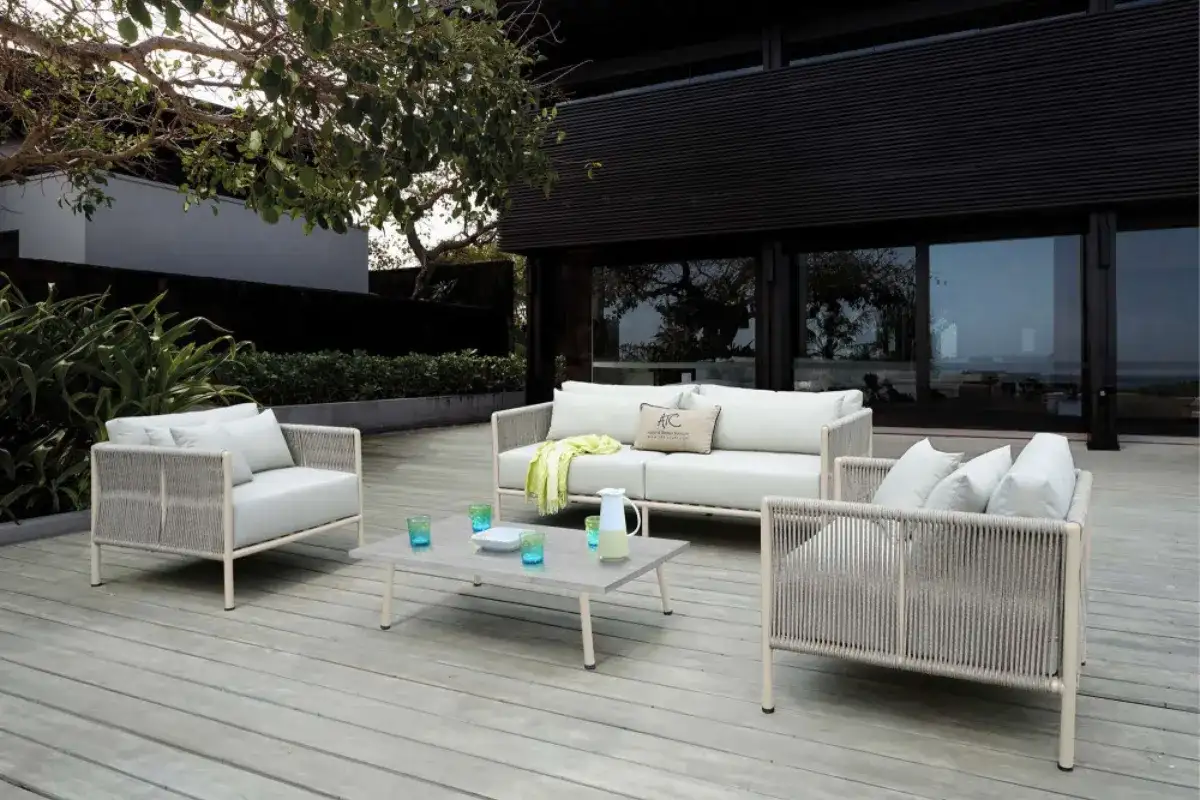 Outdoor rope furniture with powder-coated aluminum frames for luxury hospitality projects.