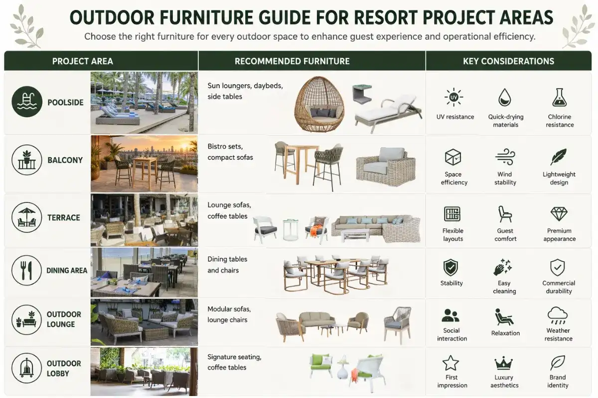 Visual guide to selecting commercial outdoor furniture for each functional area in a resort.