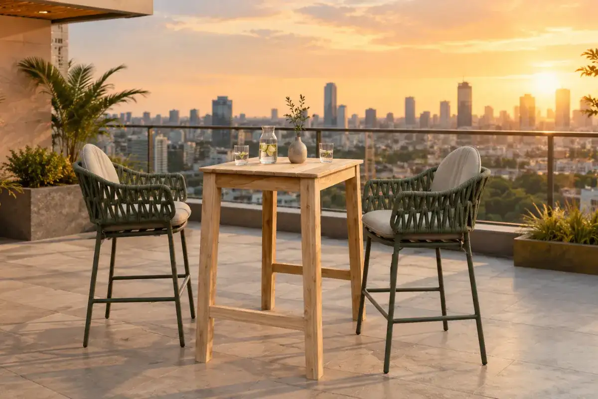 Outdoor bar table and chairs designed for hotel and resort balconies.
