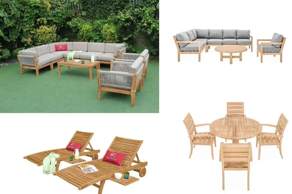 Collection of ATC sustainable wood outdoor furniture, including sectional sofas, lounge chairs, and a round dining set, displayed in a garden setting.