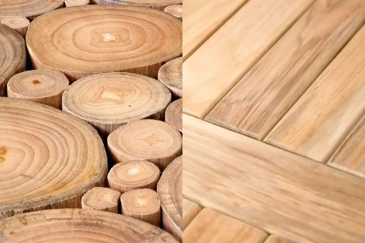 Alt: Close-up of natural sustainable wood textures, cross-sections and smooth planks—highlighting eco-friendly materials used in outdoor furniture.