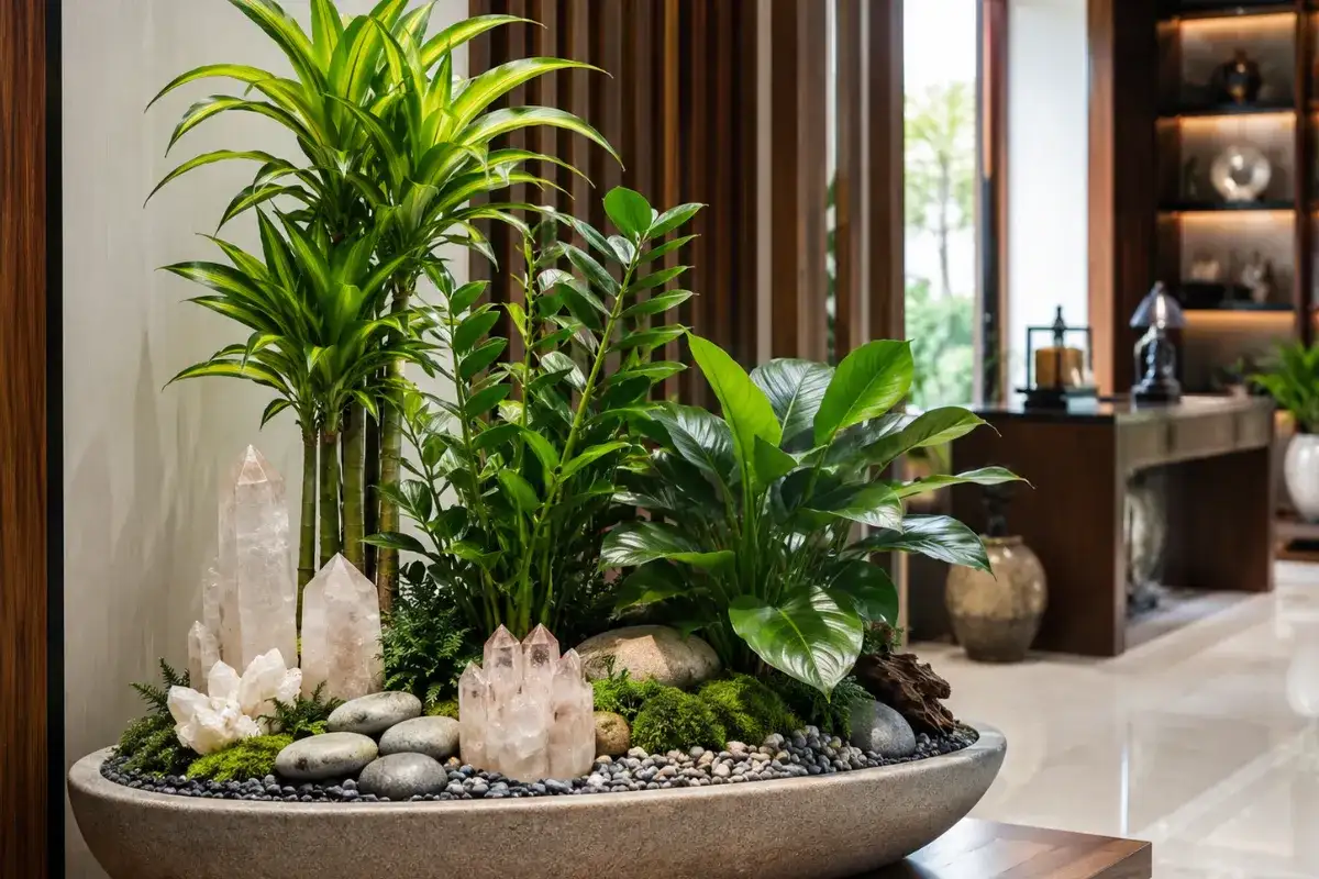 Feng shui mini garden with lucky bamboo, ZZ plant, emperor philodendron, natural quartz crystals, moss, pebbles, and decorative stones in a stone planter inside a modern interior
