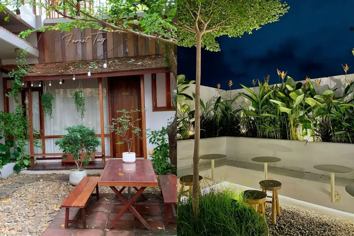 Two mini landscape design ideas for homestays and cafés, featuring a rustic courtyard with wooden table seating and greenery on the left, and a modern outdoor seating corner with built-in benches, plants, and soft lighting on the right