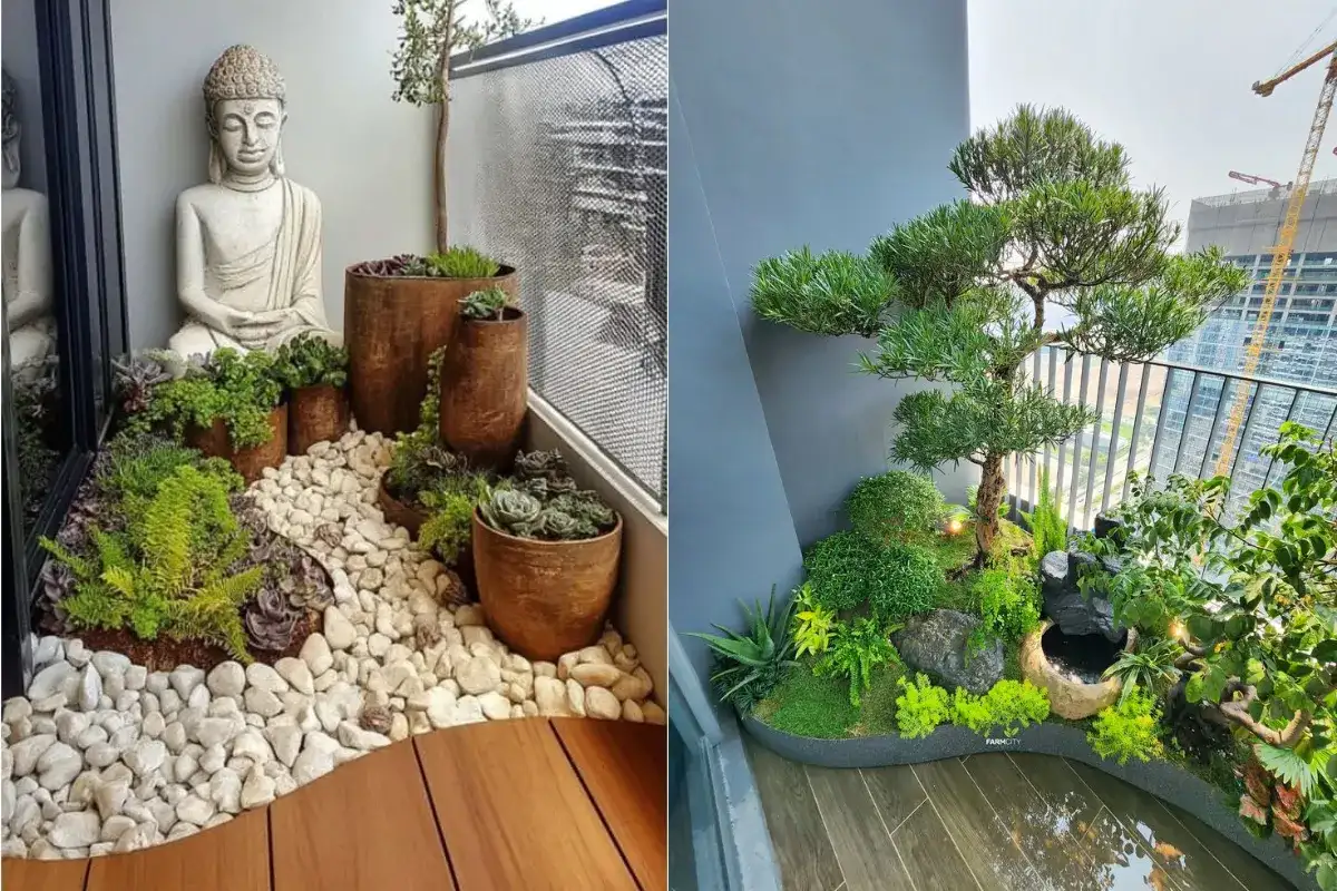 Compact apartment balcony garden with white pebbles, layered potted plants, a Buddha statue, and a small bonsai-inspired landscape design