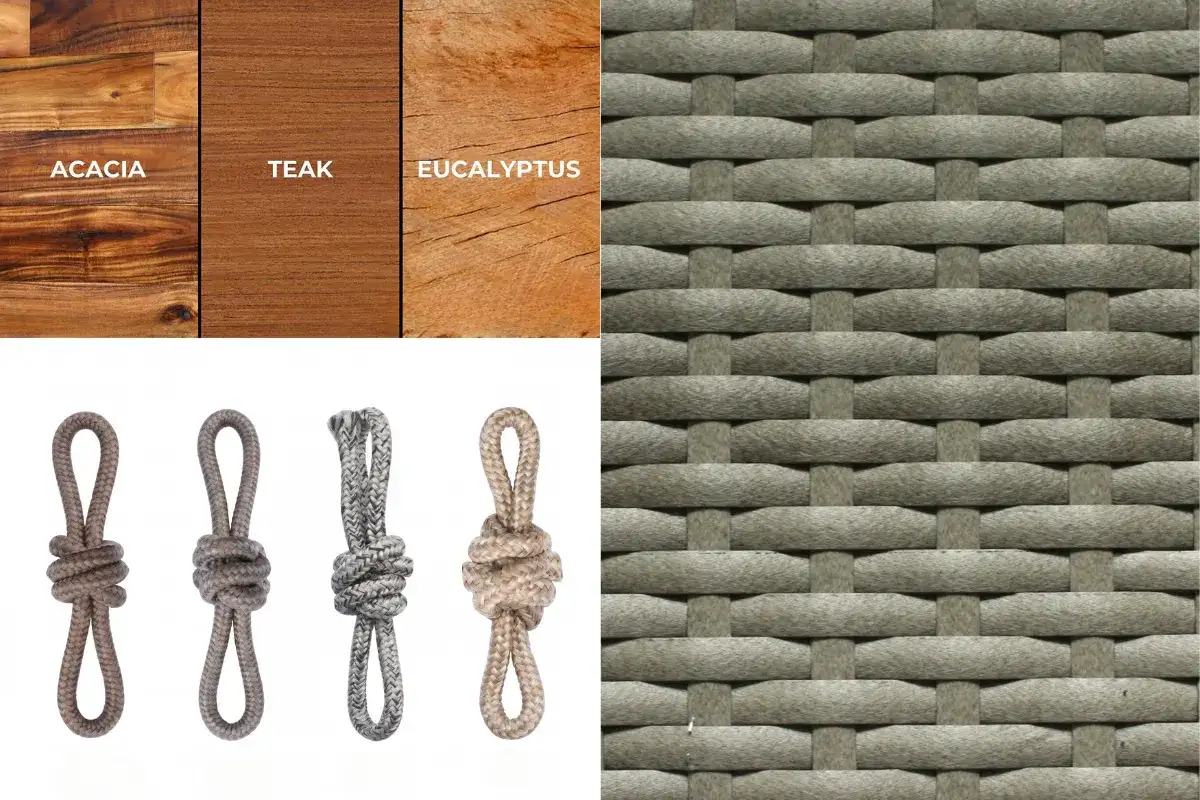 Outdoor furniture materials including teak, acacia, rope, and HDPE synthetic rattan