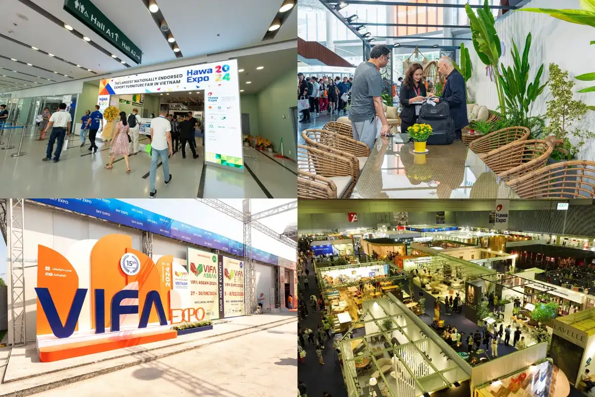 Visitors exploring Vietnam furniture trade shows and outdoor furniture exhibitions