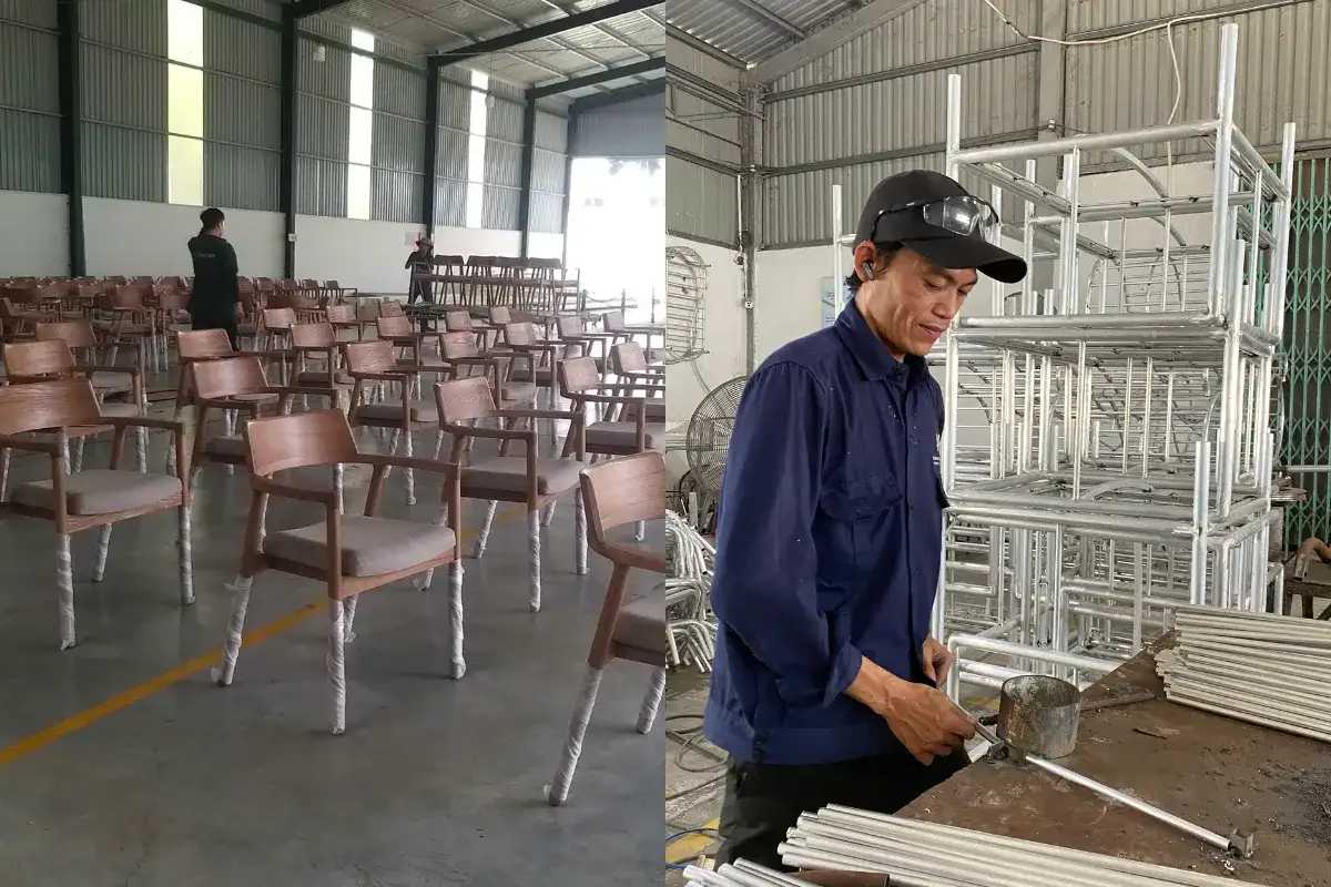 Skilled workers manufacturing outdoor furniture in a Vietnam factory