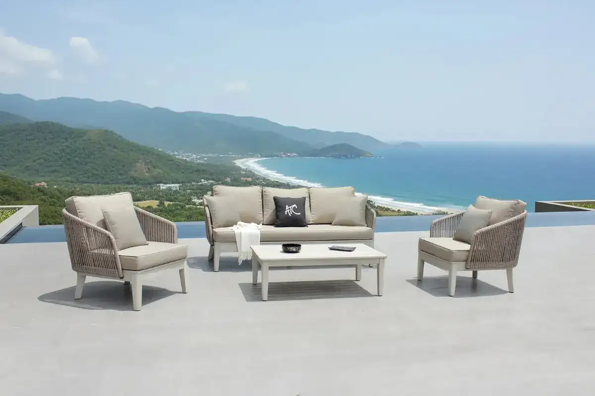 Vietnam outdoor furniture set overlooking a coastal landscape