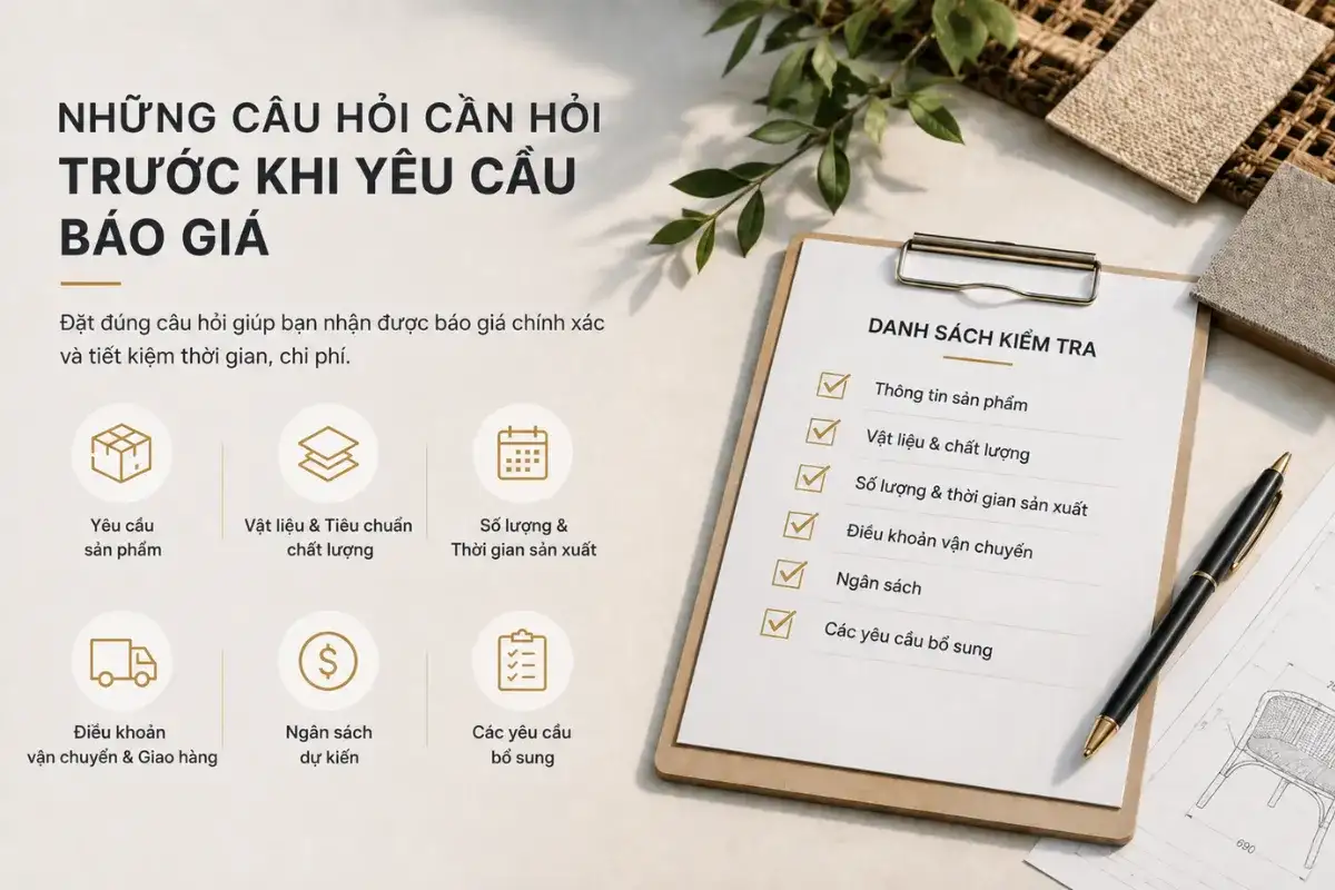 Checklist báo giá nội thất gồm sản phẩm, vật liệu, số lượng, tiến độ, vận chuyển và ngân sách