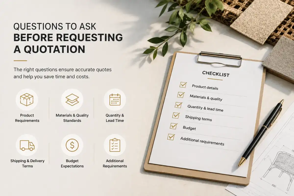 Furniture quotation checklist covering product details, materials, quantity, lead time, shipping, and budget