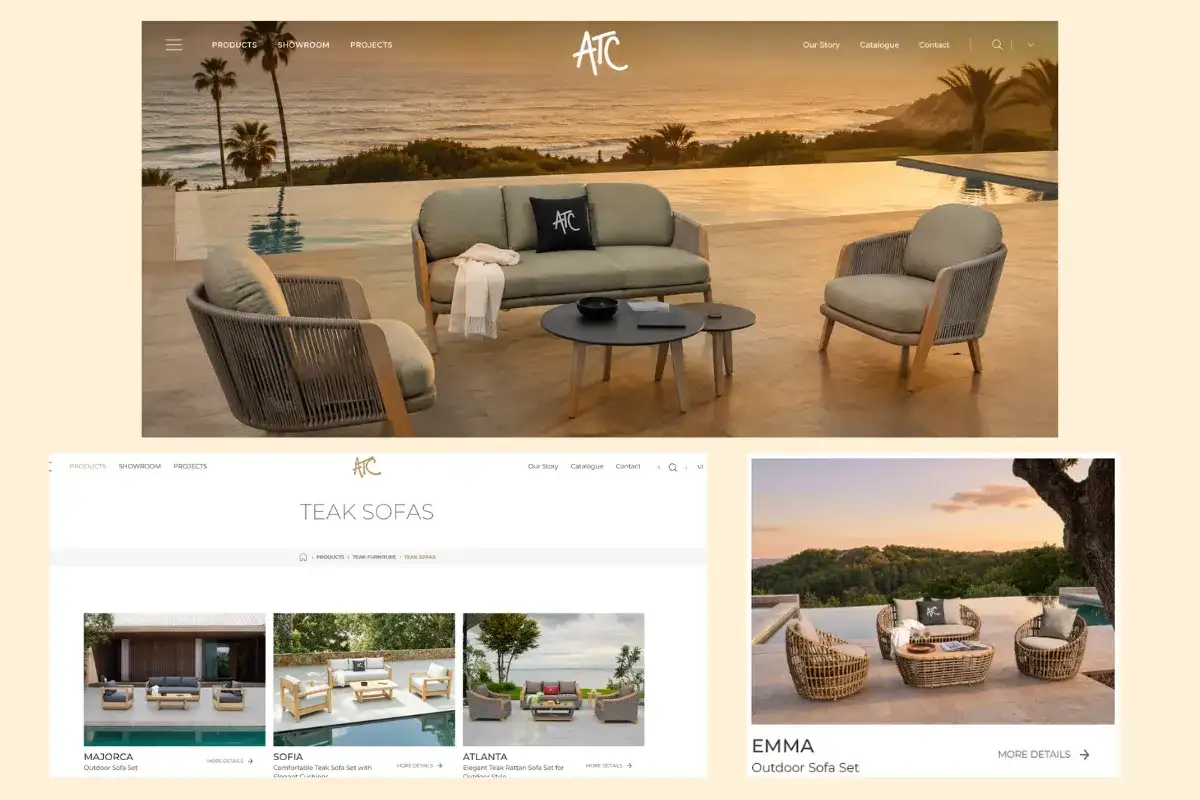 ATC Furniture official website showcasing outdoor furniture collections and product categories