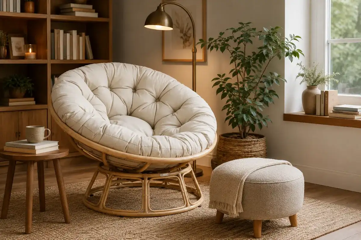 Cozy reading corner with a cushioned lounge chair, ottoman, bookshelf, and floor lamp