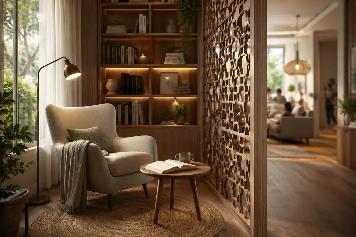 Quiet reading corner with an armchair, floor lamp, small table, bookshelf, and wooden partition