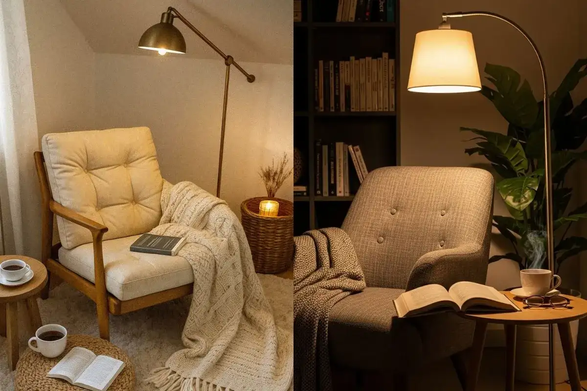 Cozy reading corner with upholstered armchairs, floor lamps, books, and warm ambient lighting