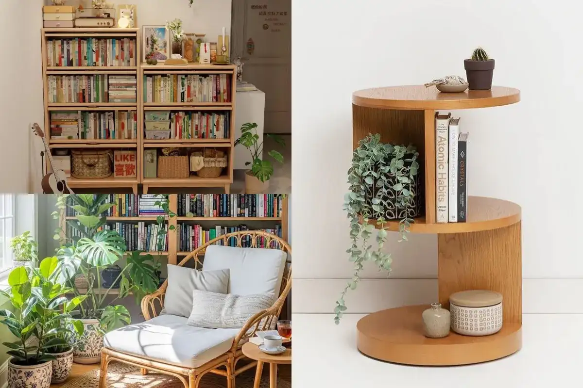 Reading corner accessories including wooden bookshelves, a curved side table, and a rattan chair with cushions